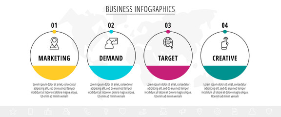 Vector infographics four circles with arrows. Line business concept of 4 steps, options. Infographic template for diagram, web, banner, presentations, flowchart, content, levels, chart