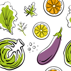 Seamless pattern with vegetables, fruits and herbs in sketchy style isolated on white background. Doodle hand drawn vector illustration