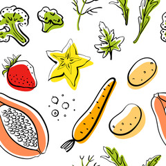 Seamless pattern with vegetables, fruits, herbs and berries in sketchy style isolated on white background. Doodle hand drawn vector illustration