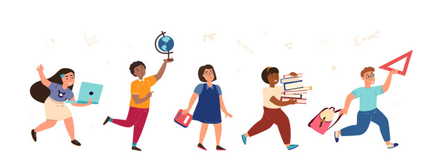 Group of cute happy children or pupils isolated on white background.Smiling funny school kids,teenage boys and girl,classmates or friends together,holding books,laptop.Flat cartoon vector illustration