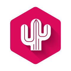 White Cactus icon isolated with long shadow background. Pink hexagon button. Vector