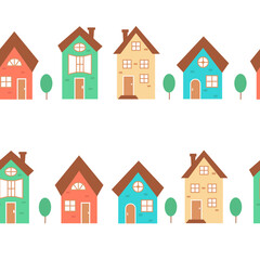 Vector seamless pattern with street houses. Bright background for design and decoration of products.