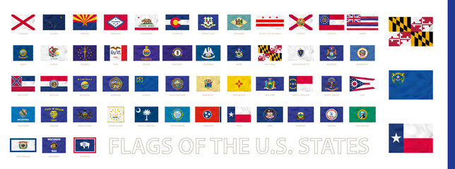 Flags of the U.S. States with waving effect, flags sorted by alphabetically.