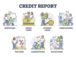 Credit report and bank rating research for loan analysis outline collection. Finance budget score as individual financial history measurement with mortgages, credit cards and liens vector illustration