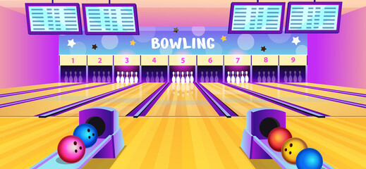 Bowling club interior with bowling alleys, pins and balls in cartoon style. Vector illustration. © NADEZHDA