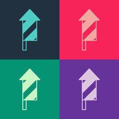 Pop art Firework rocket icon isolated on color background. Concept of fun party. Explosive pyrotechnic symbol. Vector