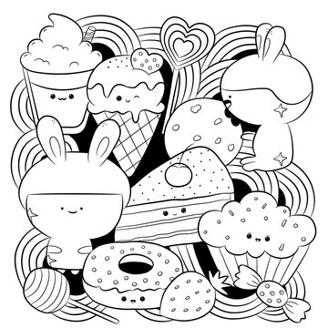 Fantasy black doodle anti-stress coloring book on white background. Cute characters and tasty sweet food in kawaii style. Vector illustration.