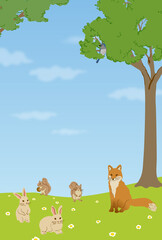 森の動物たち　フレーム　背景イラスト　縦