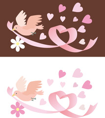 Illustration of a bird with a pink heart ribbon.