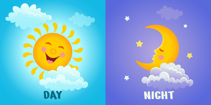 Day and night. Cartoon illustration of a smiling sun with clouds and a sleeping month with stars for kids.Vector