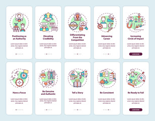Personal branding onboarding mobile app page screen with concepts set. Individual media identity walkthrough 5 steps graphic instructions. UI, UX, GUI vector template with linear color illustrations