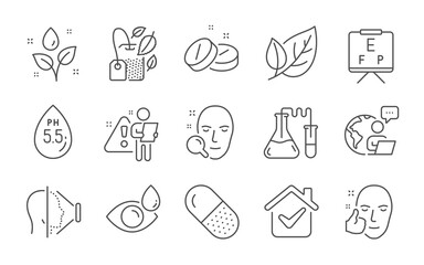 Chemistry lab, Medical tablet and Face id line icons set. Leaf, Mint bag and Face search signs. Plants watering, Vision board and Capsule pill symbols. Eye drops, Ph neutral. Line icons set. Vector