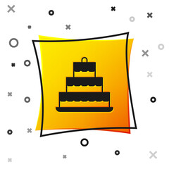 Black Cake with burning candles icon isolated on white background. Happy Birthday. Yellow square button. Vector