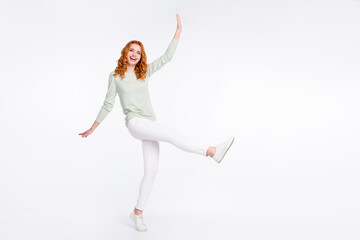 Full length body size photo young woman red hair cheerful happy careless laughing isolated white...