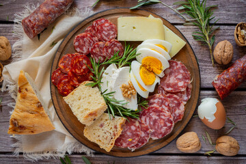 typical Neapolitan dish of the Easter period withsalami ricotta salata, tortano, casatiello, provolone and hard-boiled eggs