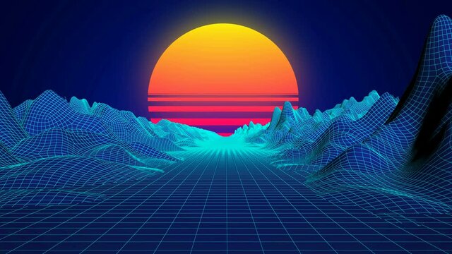 Synthwave wireframe landscape. Sun over the grid. 80s style retro futurism background. Retro wave horizon landscape. 80s futuristic sci-fi 4K Seamless loop.