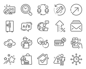 Fototapeta premium Technology icons set. Included icon as Refrigerator, Cashback, Ab testing signs. Workflow, Increasing percent, Direction symbols. Recovery tool, 24h service, 360 degree. Web system, Mail. Vector