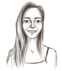 Happy laughing girl. Happy young woman character. Positive human emotions concept. Illustration in a sketch style. Set of different women's emotions.