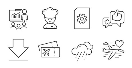 Presentation, Cooking chef and Boarding pass line icons set. Like, Downloading and File management signs. Honeymoon travel, Rainy weather symbols. Quality line icons. Presentation badge. Vector