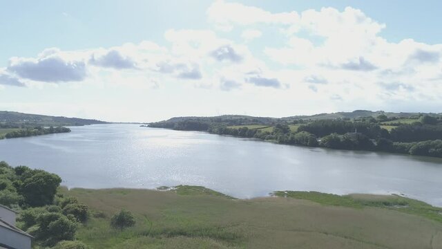 Drone pans over the River Teign in Newton Abbot, Devon, England.