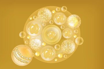 Hyaluronic acid skin solutions ad, gold collagen serum drops,  cosmetic advertising background ready to use, illustration vector.