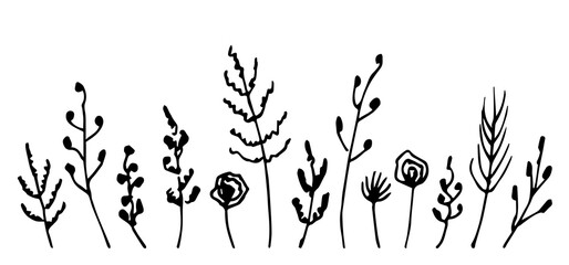 Simple vector freehand black outline set. Delicate flowers, twigs, leaves, bouquets, field herbs in a rustic style on a white background. Elements of nature, plants for decoration, pattern creation.
