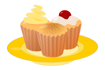 Three desserts - with embellishments, with whipped cream and cherries - on an yellow plate
