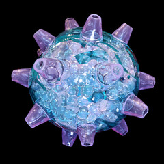 Blue virus particle virion floating on black dark background. 3d render.