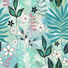 Seamless retro floral pattern.Tropical leaves, flowers on a blue-green background.