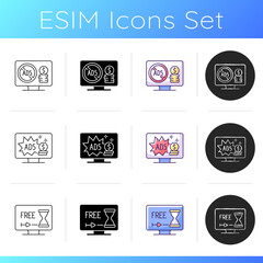 Fototapeta na wymiar Broadcast services icons set. Ad-free subscription plan. Watching TV with commercials. Limited, seven-day demo version. Linear, black and RGB color styles. Isolated vector illustrations