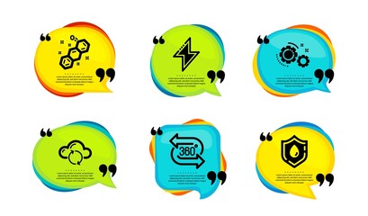 Cloud sync, Gears and Chemical formula icons simple set. Speech bubble with quotes. Energy, 360 degree and Blood donation signs. Document storage, Work process, Chemistry. Quote speech bubble. Vector
