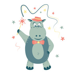 Nursery Vector illustration in cartoon style. Hippo with a magic wand; tape and stars. For baby room, baby shower, greeting card. Penguin surfer. Hand drawn nursery