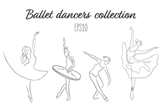 Continuous line art Ballet Dancers set. Ballet dancers in graceful postures, with pointe shoes and tutu. Hand drawn isolated vector illustrations for logo, emblem template, web, prints