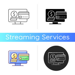 Subscription fee icon. Paying yearly, monthly fees for streaming platform usage. Additional costs for ad-free subscription. Linear black and RGB color styles. Isolated vector illustrations