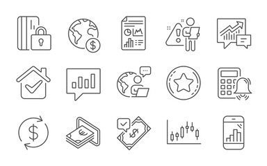 Report document, Loyalty star and Calculator alarm line icons set. Candlestick graph, Graph phone and Global business signs. Cash, Accepted payment and Accounting symbols. Line icons set. Vector