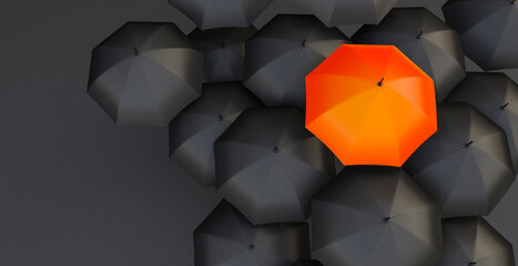 3d render of Unique orange umbrella among many dark ones.