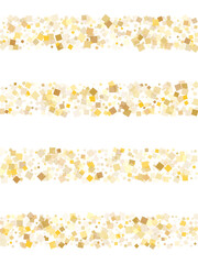 Carnival gold confetti sequins tinsels falling on white. Glittering New Year vector sequins background. Gold foil confetti party glitter isolated. Light dust sparkles invitation backdrop.