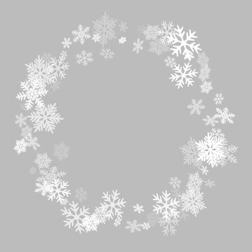 Winter Snowflakes Border Minimal Vector Background.  Macro Snowflakes Flying Border Design, Holiday Card With Many Flakes Confetti Scatter Frame, Snow Elements. Seasonal Winter Symbols.