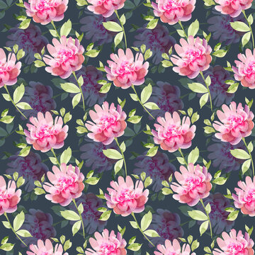 seamless floral pattern with delicate roses on a dark background, watercolor illustration hand painted	
