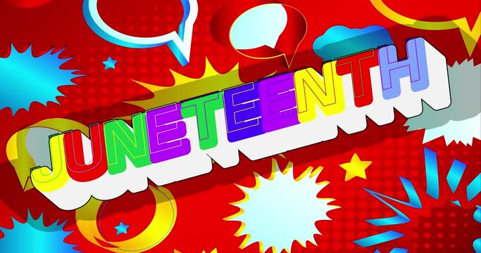 Juneteenth Independence Day. Comic lettering for Freedom or Emancipation day. Cartoon video clip for american holiday, celebrated in June 19. 4k footage animation.