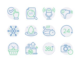 Technology icons set. Included icon as Air conditioning, Last minute, Frying pan signs. Hair dryer, 5g internet, Microphone symbols. Search file, 24 hours, Checkbox. 360 degrees. Vector