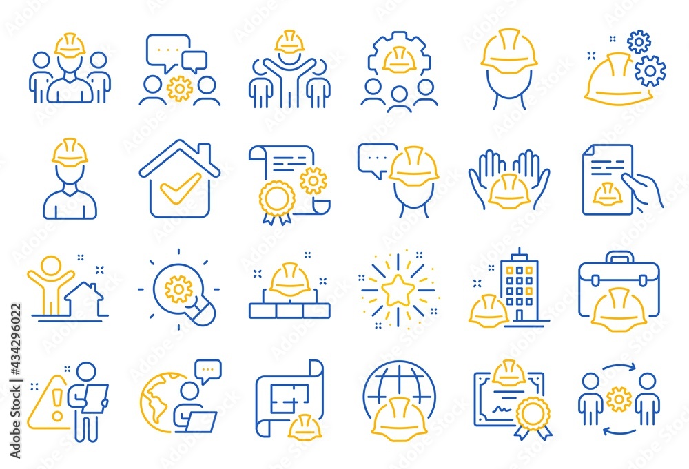 Poster engineering line icons. teamwork, people and technical documentation. blueprint with gear, engineer 