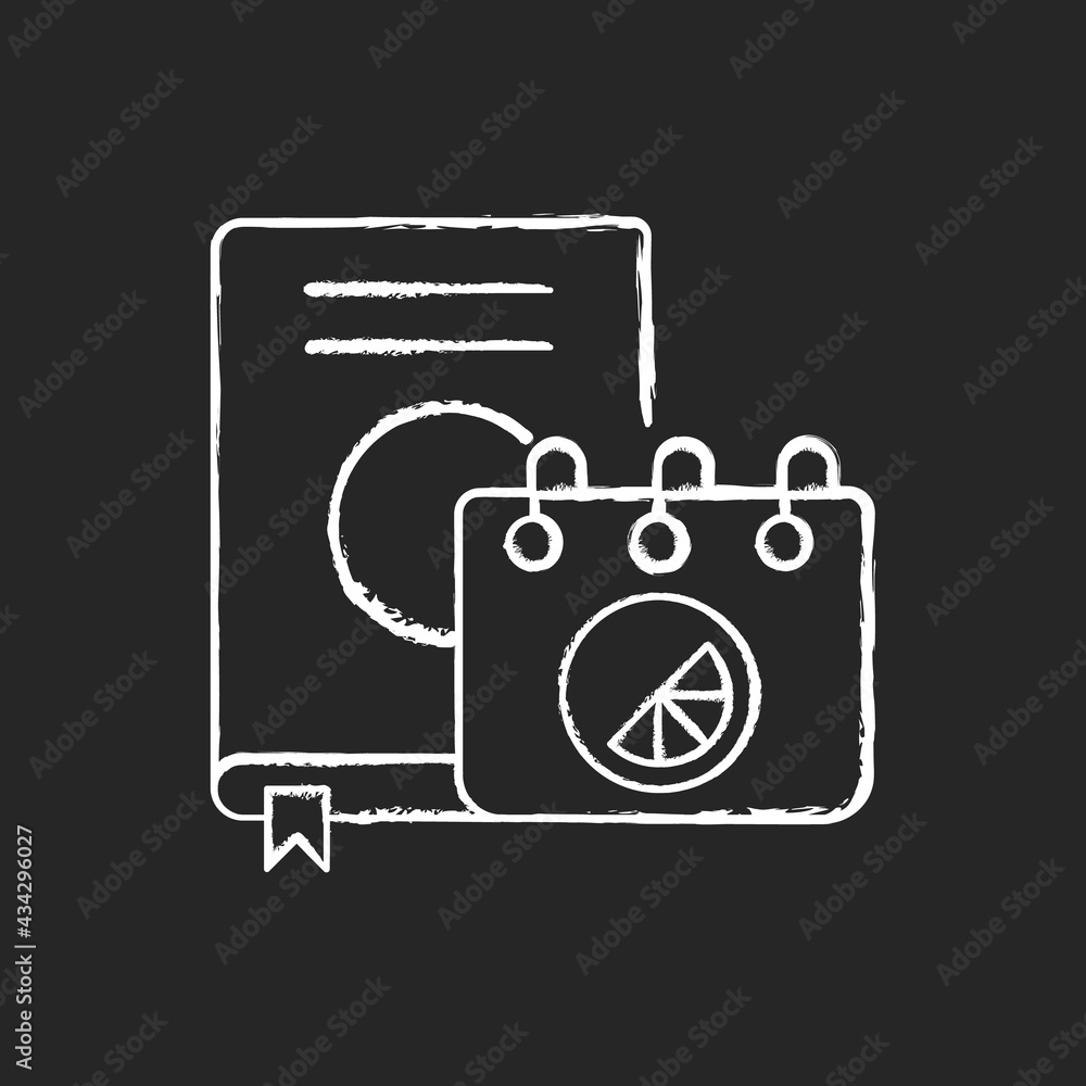 Poster branded diary and notebook chalk white icon on black background. stylish place to keep all notes. de