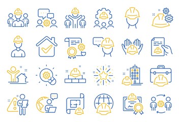 Engineering line icons. Teamwork, People and Technical documentation. Blueprint with gear, engineer and construction helmet set icons. Technician, industrial people, engineering process. Vector