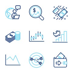 Finance icons set. Included icon as Line chart, Payment, Candlestick graph signs. Targeting, Growth chart, Savings symbols. Currency audit, Wallet line icons. Financial graph, Money. Vector