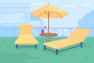 Relaxing retreat in courtyard flat color vector illustration. Outdoor patio with umbrella folding lounge chairs. Creating cozy place in 2D cartoon backyard with cityscape on background