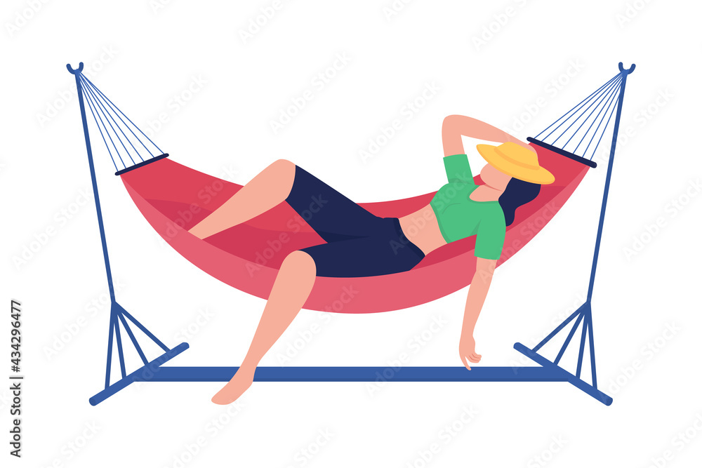 Poster spending carefree time in hammock flat color vector faceless character. lounging in cradle on backya
