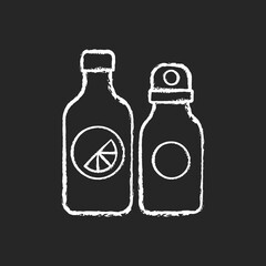 Branded water bottle chalk white icon on black background. Designer create unique water holder for travelers. Fashion items to look modern and stylish. Isolated vector chalkboard illustration