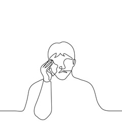 man crying and wiping his tears with a handkerchief - one line drawing vector. concept of sobbing alone, mourning grief