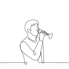 man drinks champagne from a glass - one line drawing vector. guy is drinking sparkling wine standing alone. concept of celebration, corporate party, anniversary, opening event